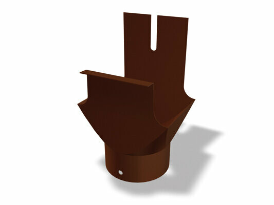 Abgebildet ist ein brauner PREFA Kastenrinnenkessel aus hochwertigem Aluminium. Der Rinnenkessel dient als Übergangsstück von der Kastenrinne zum Fallrohr und sorgt für eine effiziente Ableitung des Regenwassers. Er ist in verschiedenen Größen erhältlich: 250 × Ø 80, 333 × Ø 100, 400 × Ø 120 sowie 500 × Ø 120 und 500 × Ø 150. 