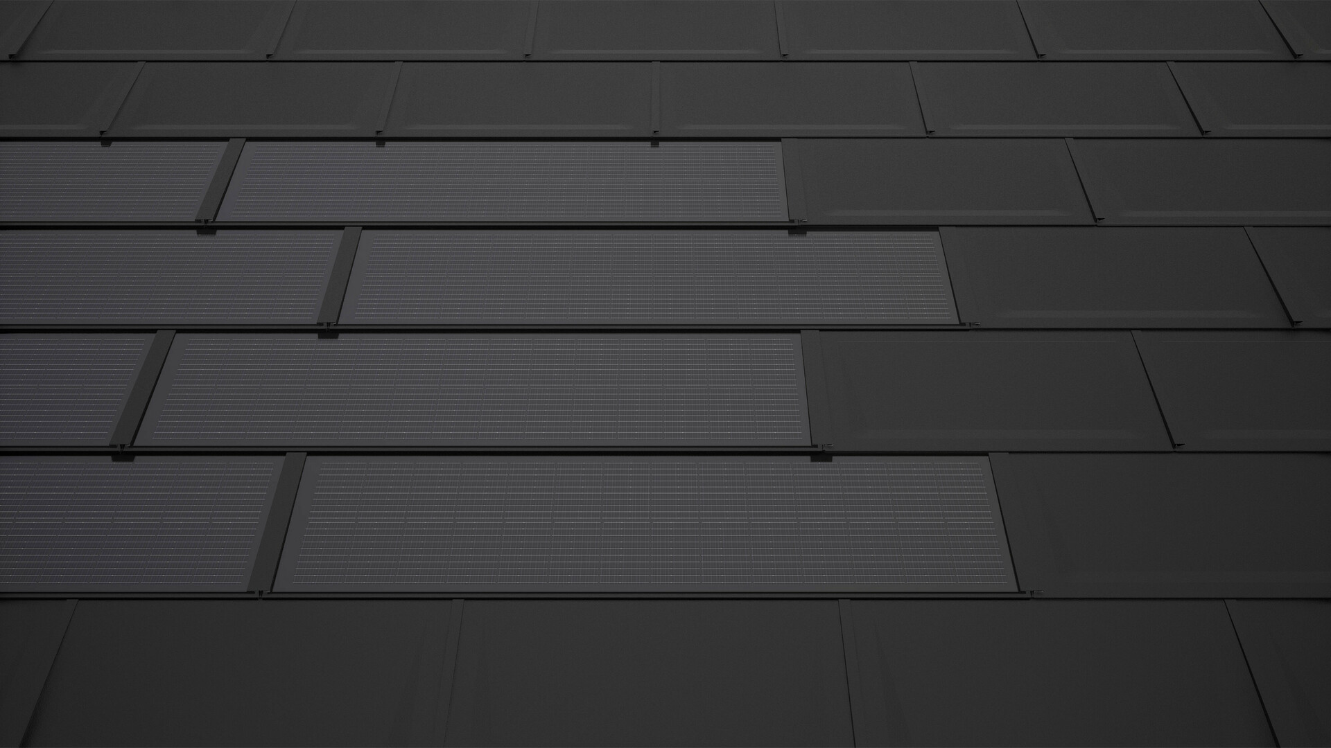 Na slici su prikazani PREFA solarni krovni paneli u crnoj boji, montirani na krov, u kombinaciji sa PREFA krovnim panelom R.16. Solarni moduli su raspoređeni u ravnim redovima.