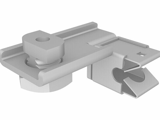 PREFA Quadratrohr-Blitzschutzklemme mit integriertem Niro-Clip als Leitungshalter, inkl. Halteklemme zur Befestigung. Diese Klemme dient der sicheren Befestigung von Leitungen mit einem Durchmesser von Ø 8–12 mm und sorgt für eine zuverlässige Montage.