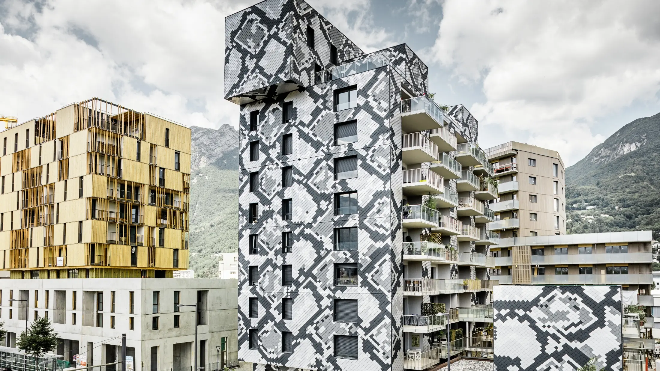 Ein beeindruckendes Fassadendesign am Wohnhaus "Le Python" mit Schlangenmuster. Die Fassade wurde mit den PREFA Wandrauten 20 x 20 in den Farben Anthrazit, Hellgrau, Aluminium blank und Silbermetallic gestaltet.
