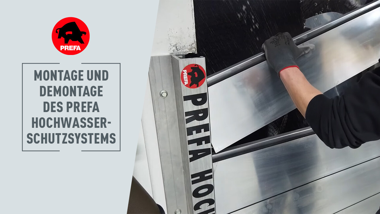 Montage des PREFA Hochwasserschutzsystems Aufnahme eines fertig aufgebauten PREFA Hochwasserschutzes