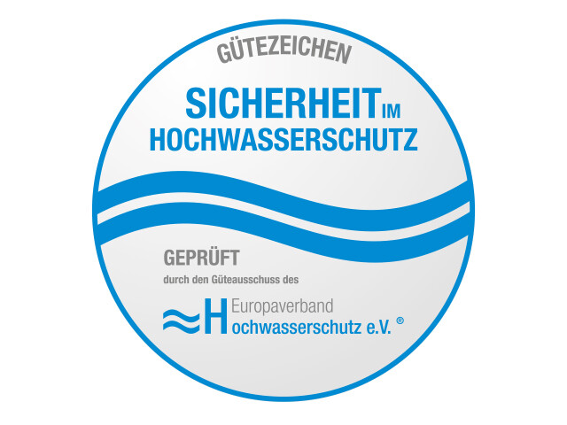 PREFA Hochwasserschutz Gütezeichen Sicherheit im Hochwasserschutz Gütezeichen "Sicherheit im Hochwasserschutz" für das mobile PREFA Hochwasserschutzsystem aus Aluminium