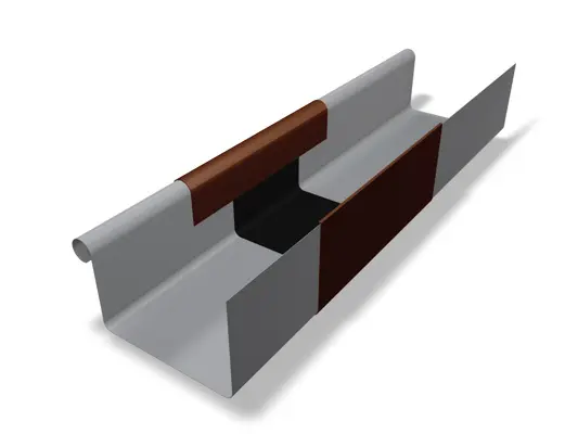 Abgebildet ist ein PREFA Kastenrinnendila mit Wulst und Blende in Grau-Braun aus hochwertigem Aluminium. Dieses Verbindungselement wird zur Verlängerung von Kastenrinnen eingesetzt und gewährleistet eine dichte, langlebige und optisch ansprechende Verbindung im Dachentwässerungssystem. Das Rinnendila ist in den Größen 280, 333 und 400.