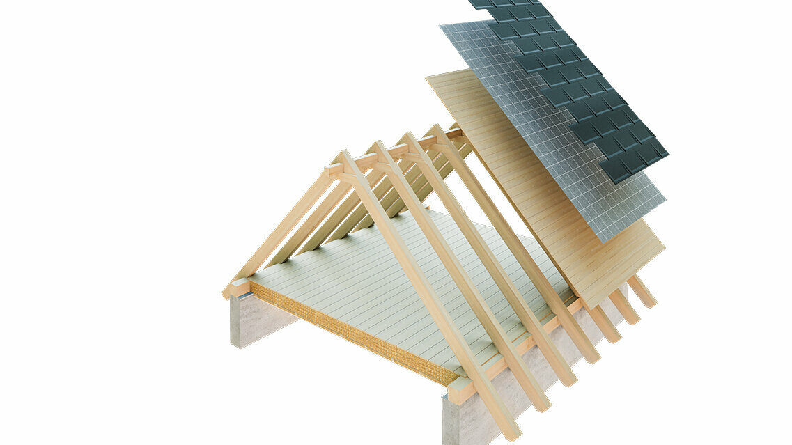 Attic is not used as a living space PREFA technische Abbildung eines einschaligen Dachaufbaus - der Dachboden kann nicht bewohnt werden, da er als Belüftungsebene für das Metalldach dient; Vollschalung und Trennlage ohne Lattung; Warmdach