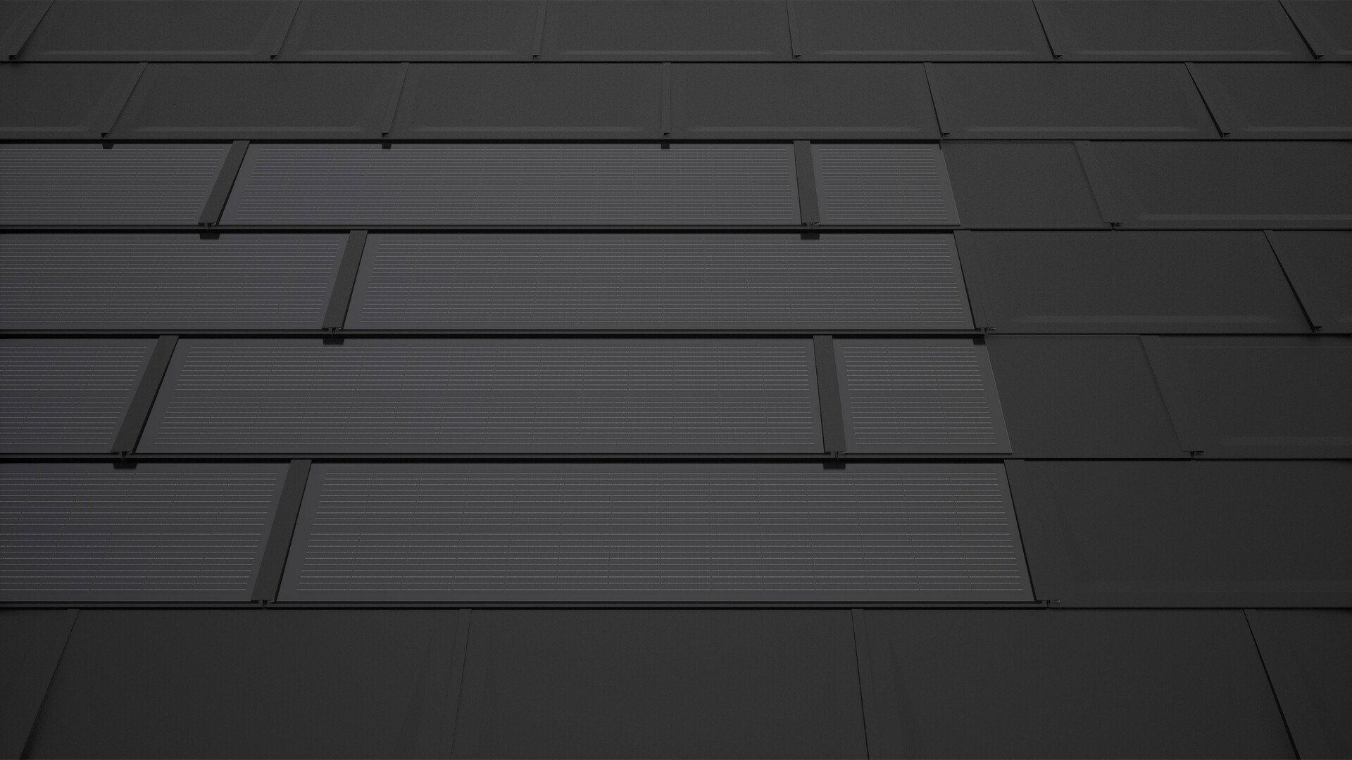 PREFA solarni krovni paneli u crnoj boji sa dodatnim panelima. Oni obezbeđuju pravougaonu površinu modula i doprinose harmoničnom celokupnom izgledu solarnog krova.