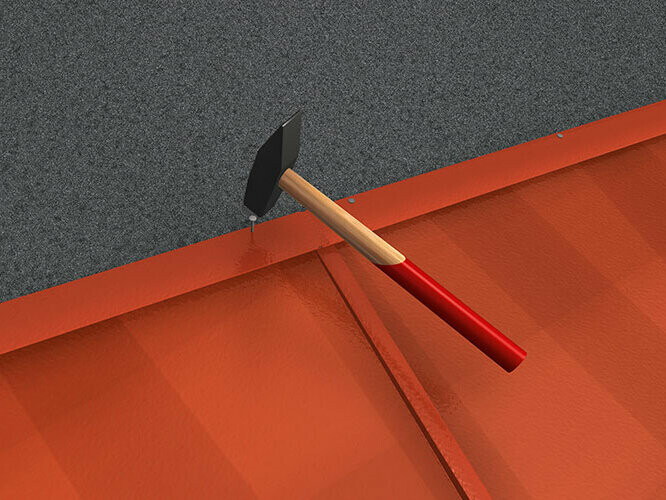 Das PREFA Dachpaneel FX.12 wird durch eine Haftleiste am Produkt mit Nägeln auf der Unterkonstruktion befestigt.