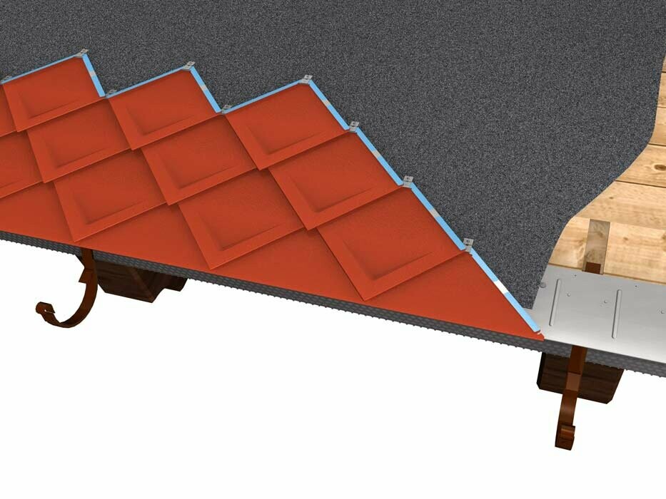 Rhomboid roof tile Dachaufbau von Vollschalung, Saumstreifen über Trennlage zur PREFA Dachraute 29 × 29 inkl. Dachrinnenhaken