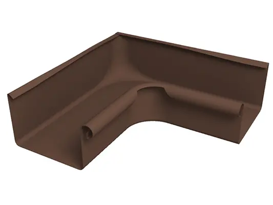 Das Bild zeigt einen braunen PREFA Kastenrinnenwinkel 90° innen aus robustem Aluminium. Dieses langlebige Dachrinnenzubehör ermöglicht eine saubere und dichte Verbindung von Kastenrinnen an Innenecken und unterstützt eine zuverlässige Dachentwässerung. Der Innenwinkel ist in den Rinnengrößen 250, 333, 400 und 500 erhältlich.